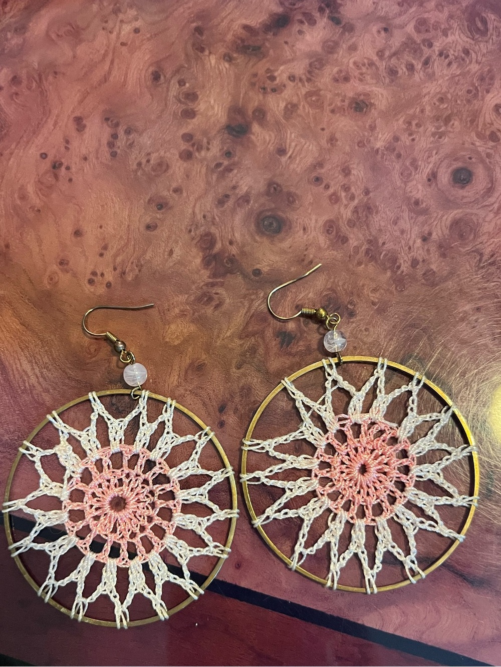 Bohemian Crochet Sunburst Hoop Earrings - Pink and Cream